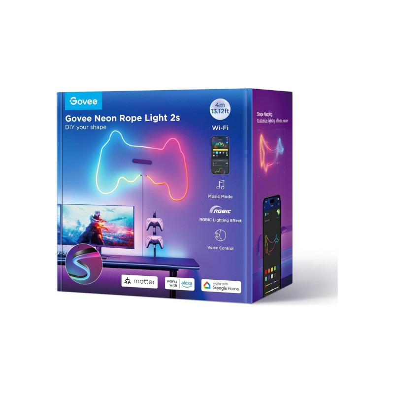 Световая лента GOVEE RGBIC Neon Rope Strip Ligth 2s 4m, черная, интеллектуальная Wi-Fi-световая лента, Wi-Fi + BT, совместимая с Matter
