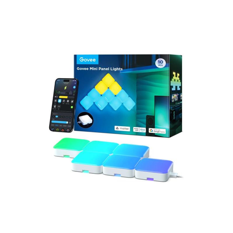 Square Lights GOVEE Smart Mini Panel Lights 10 шт. в упаковке, Wi-Fi + BT, многоцветные, рассеянные световые эффекты RGBIC, без концентратора