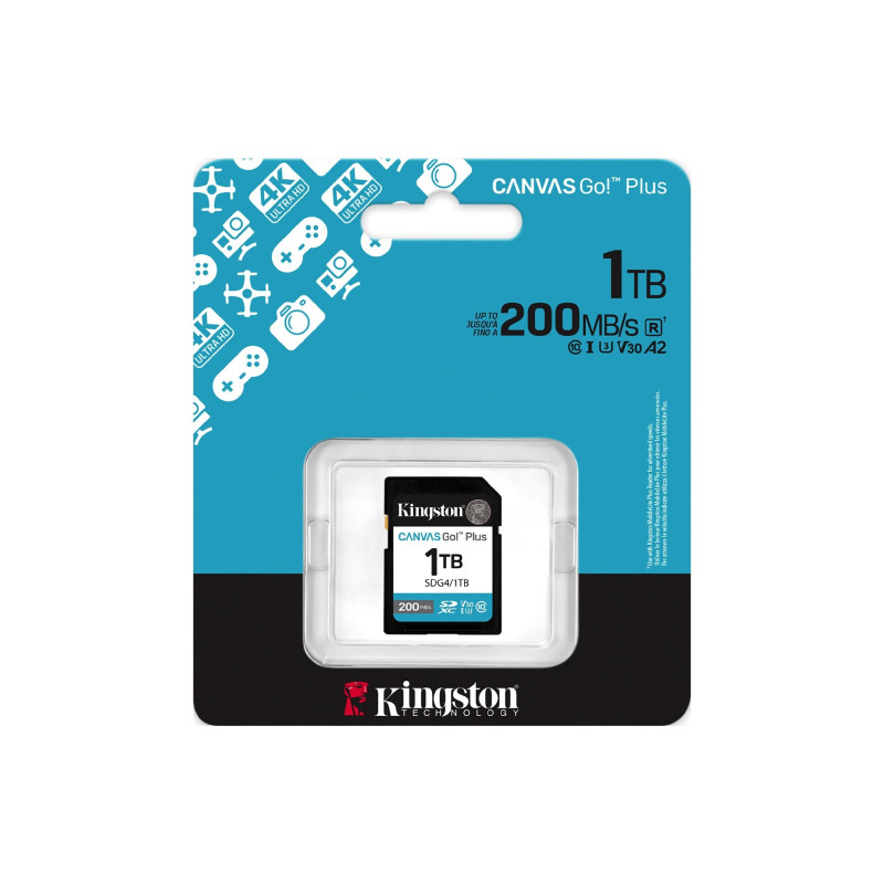 1,0 ТБ SD Class10 UHS-I U3 (V30) Kingston Canvas Go! Plus G4, чтение: до 200 МБ/с, запись: до 160 МБ/с, идеально подходит для
