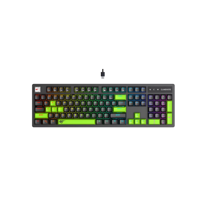 Gaming Keyboard Havit KB893L, Mechanical, Tacticle SW, 104 Keys, Fn keys, RGB, 1.8m, USB, EN, Black/Green