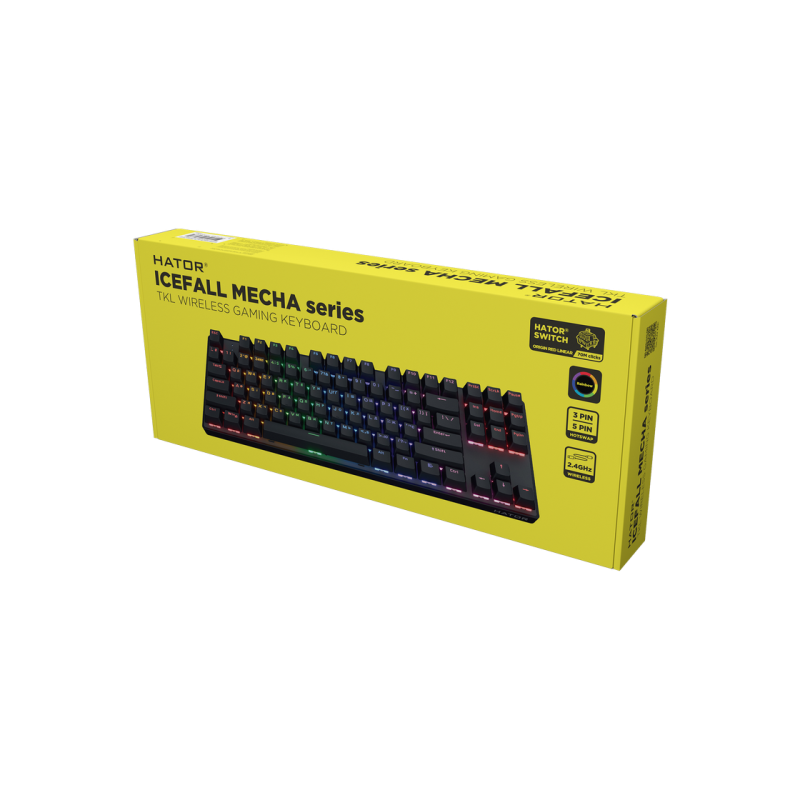 Wireless Gaming Keyboard HATOR Icefall Mecha TKL Rainbow, Mechanical, Rainbow LED, 1.8m, USB, EN/UA, Black
