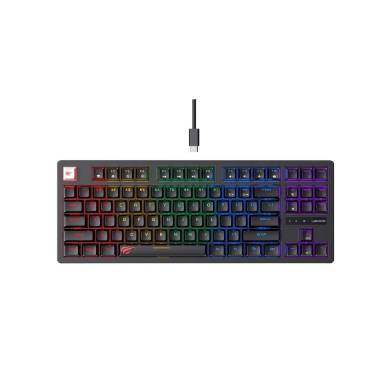 Gaming Keyboard Havit KB892L, Mechanical, Tacticle SW, 87 Keys, Fn keys, RGB, 1.8m, USB, EN, Black