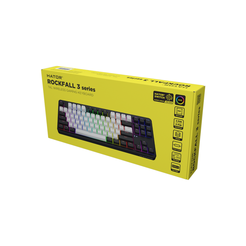 Wireless Gaming Keyboard HATOR Rockfall 3 Mecha TKL, RGB, 2.4GHz, BT5.3, USB/Type-C, EN/UA, 1.8m, 4000 мАh, Black