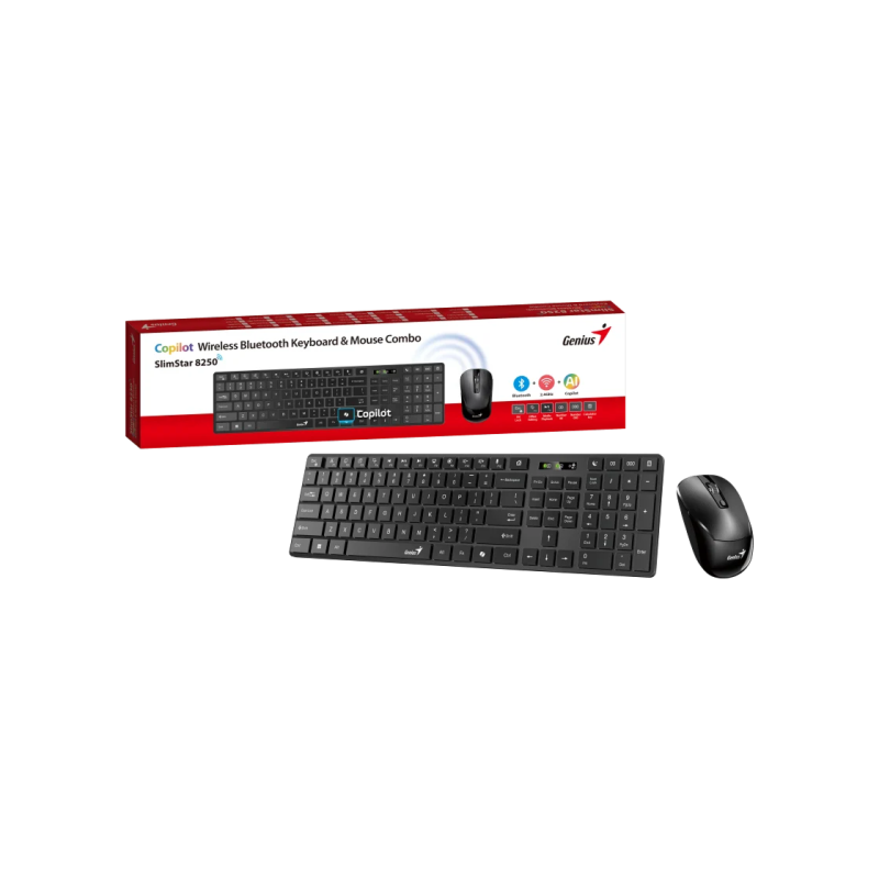 Wireless Keyboard & Mouse Genius SlimStar 8250, Multimedia, Ultra thin, Fn keys, 1200dpi, 3 buttons, 1xAAA/1xAA