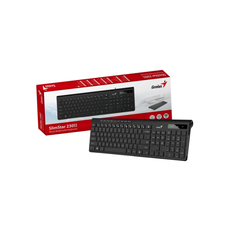 Keyboard Genius SlimStar 230 II, Multimedia, 12 Fn keys, Low-profile, Chocolate keycap, Brushed metal finish, 1.4m