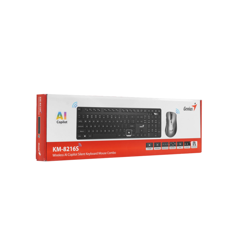 Wireless Keyboard & Mouse Genius KM-8216S, 12 Fn keys, Chocolate keycap, Silent, 1200dpi, 3 buttons, 2xAAA/1xAA
