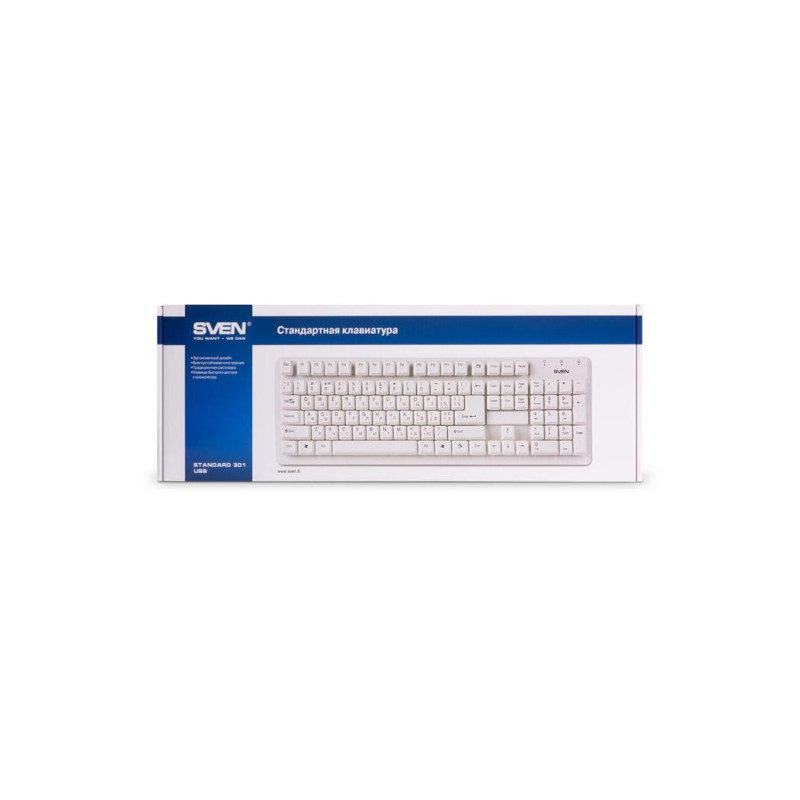 Клавиатура SVEN Standard 301, классическая раскладка, защита от брызг, клавиша калькулятора, 1,5 м, USB, английский/русский, белая