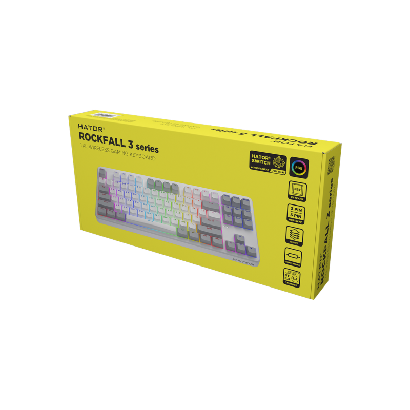 Wireless Gaming Keyboard HATOR Rockfall 3 Mecha TKL, RGB, 2.4GHz, BT5.3, USB/Type-C, EN/UA, 1.8m, 4000 мАh, White