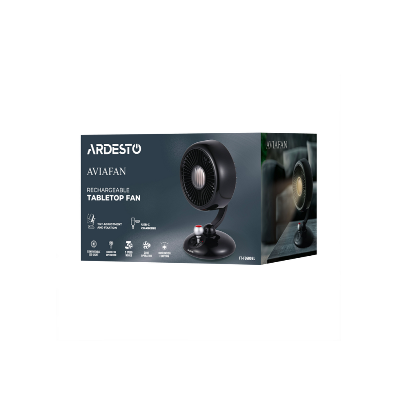 Fan ARDESTO AviaFan FT-F3600BL, 12cm,rechargeable, backlight, USB-A Type-C, Black