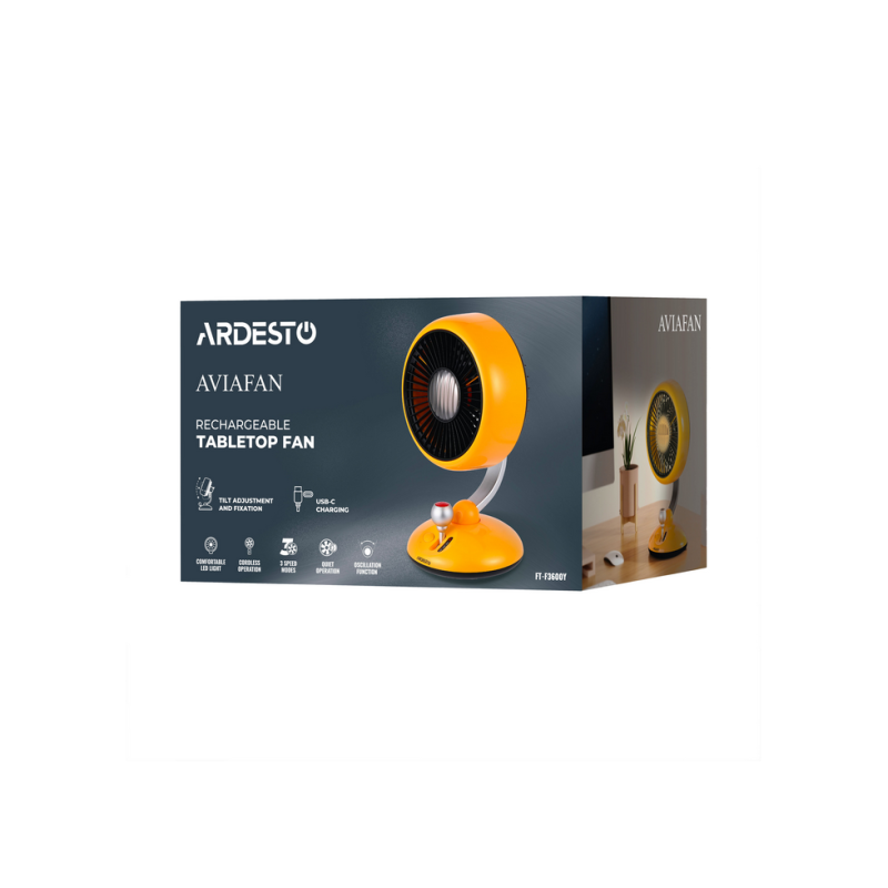 Fan ARDESTO AviaFan FT-F3600Y, 12cm, rechargeable, backlight, USB-A Type-C, Yellow