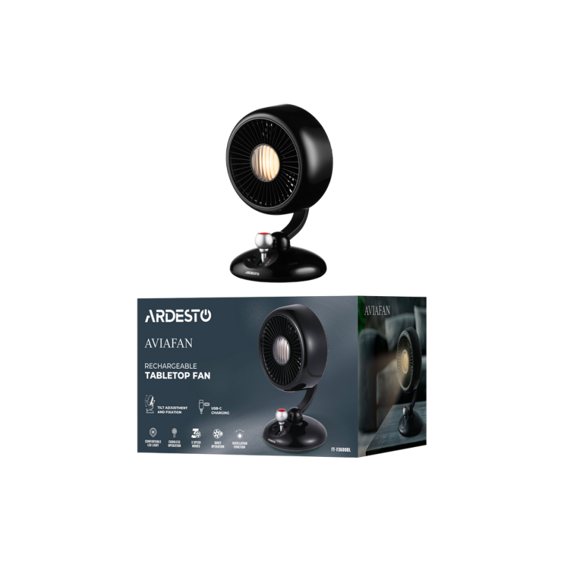 Fan ARDESTO AviaFan FT-F3600BL, 12cm,rechargeable, backlight, USB-A Type-C, Black