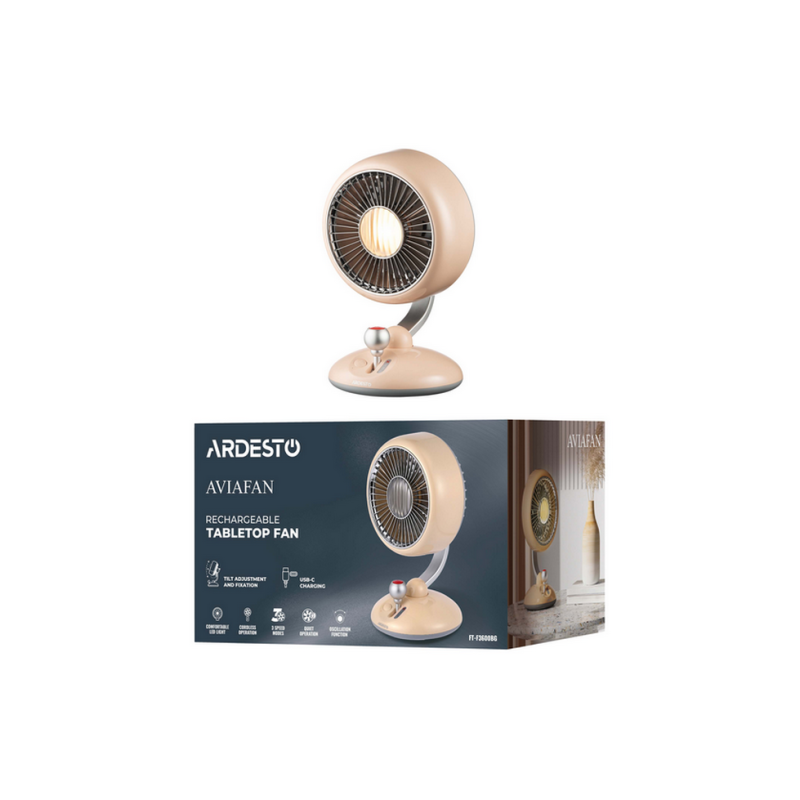 Fan ARDESTO AviaFan FT-F3600BG, 12cm,rechargeable, backlight, USB-A Type-C, Beige