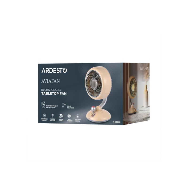 Fan ARDESTO AviaFan FT-F3600BG, 12cm,rechargeable, backlight, USB-A Type-C, Beige