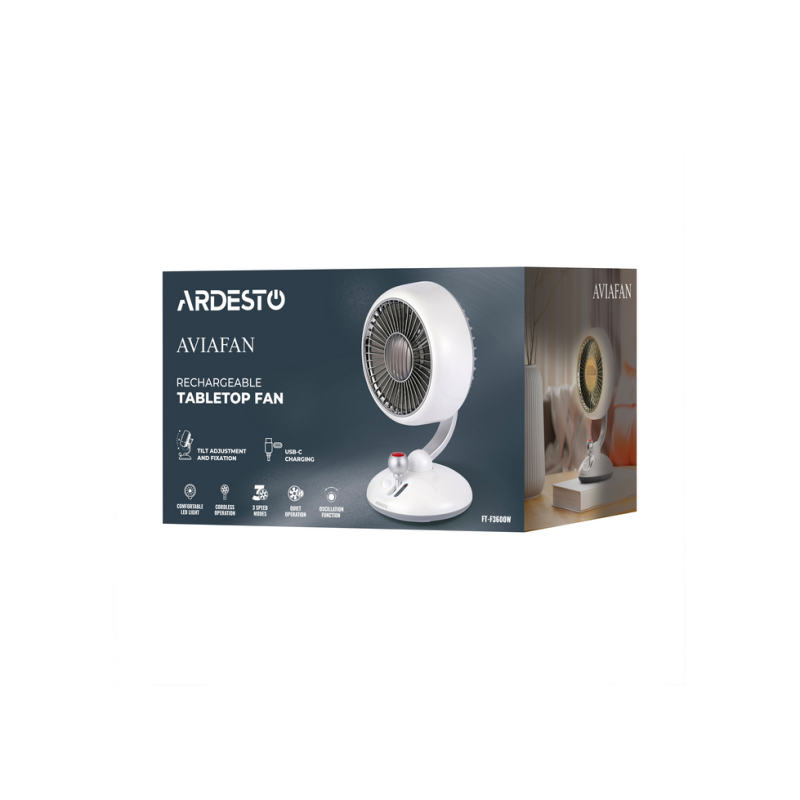 Fan ARDESTO AviaFan FT-F3600W, 12cm, rechargeable, backlight, USB-A Type-C, White
