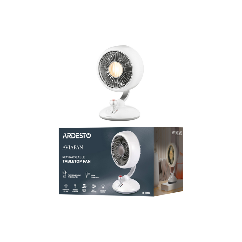 Fan ARDESTO AviaFan FT-F3600W, 12cm, rechargeable, backlight, USB-A Type-C, White