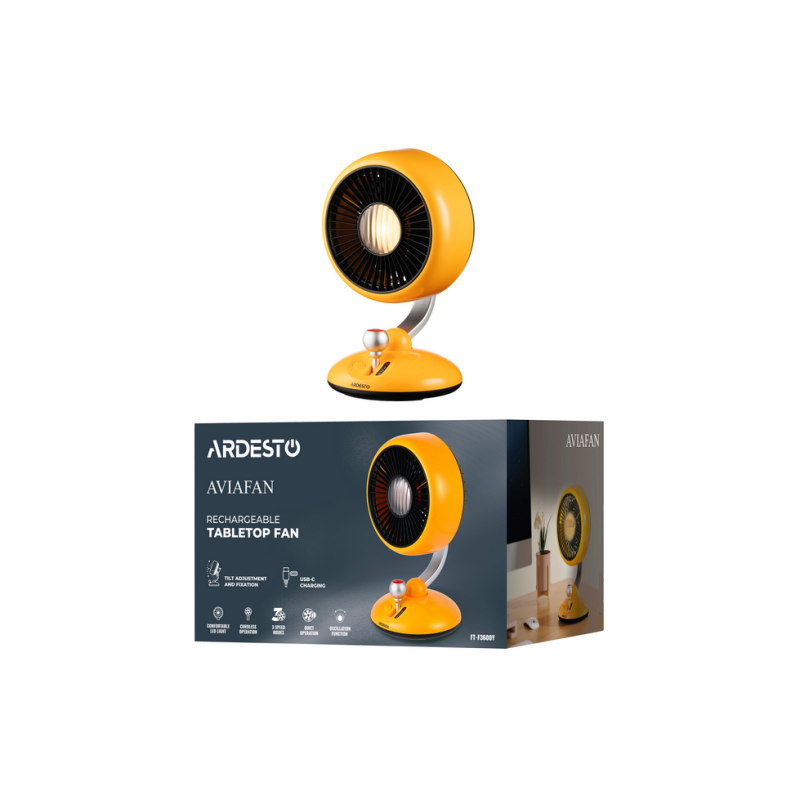 Fan ARDESTO AviaFan FT-F3600Y, 12cm, rechargeable, backlight, USB-A Type-C, Yellow