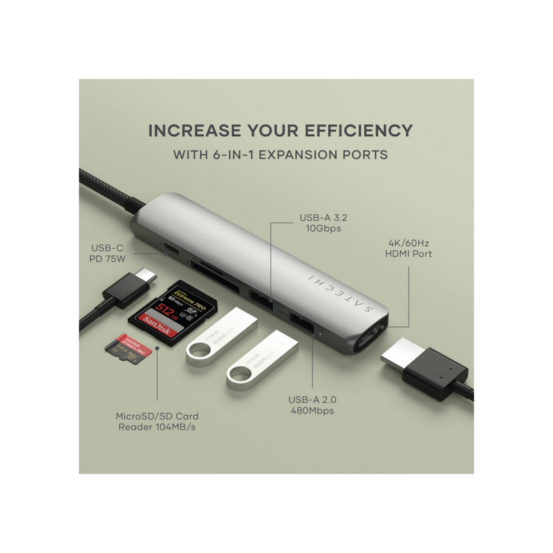 Satechi 6-in-1 USB-C Slim Multiport, USB-C3.2, Out: USB-C PD 75W, 2*USB-A, HDMI 4K@60Hz, Micro/SD, Space Grey