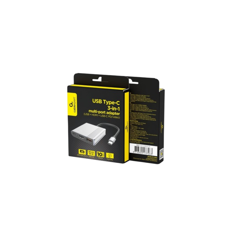 Док-станция Gembird A-CM-COMBO3-05, USB 3.1, USB-C, HDMI 4K@60Hz, PD 90 Вт, металлический корпус.