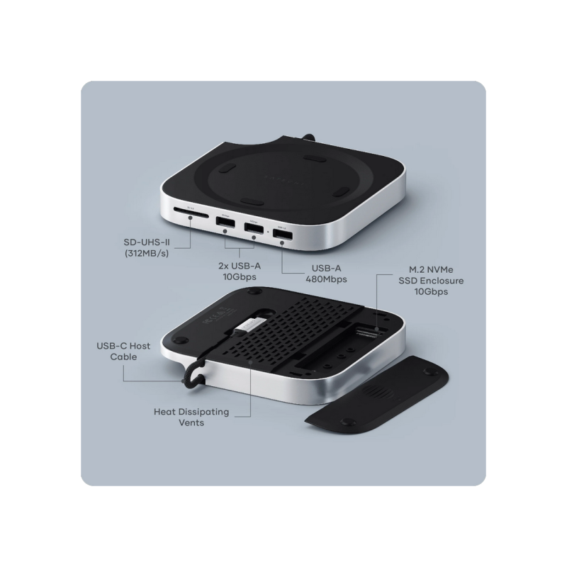 Satechi Mac Mini M4 Stand & Hub with SSD Enclosure, 2xUSB-A3.2 Gen2, USB-A2.0, SD