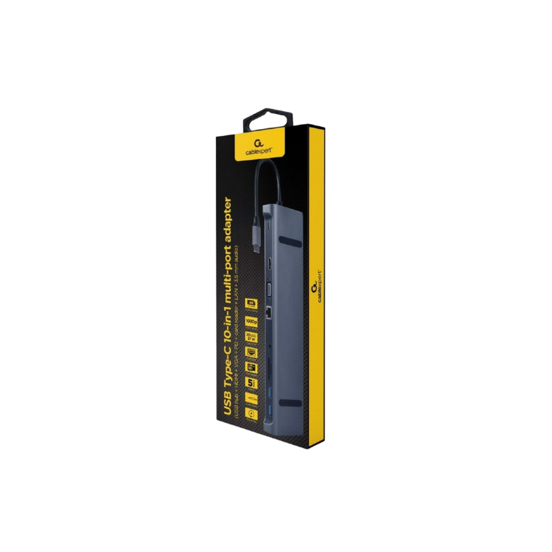 Док-станция Gembird A-CM-COMBO10-01, 3xUSB 3.1, Type-C, LAN, HDMI, VGA, SD/MicroSD, 3,5 мм, PD 87 Вт