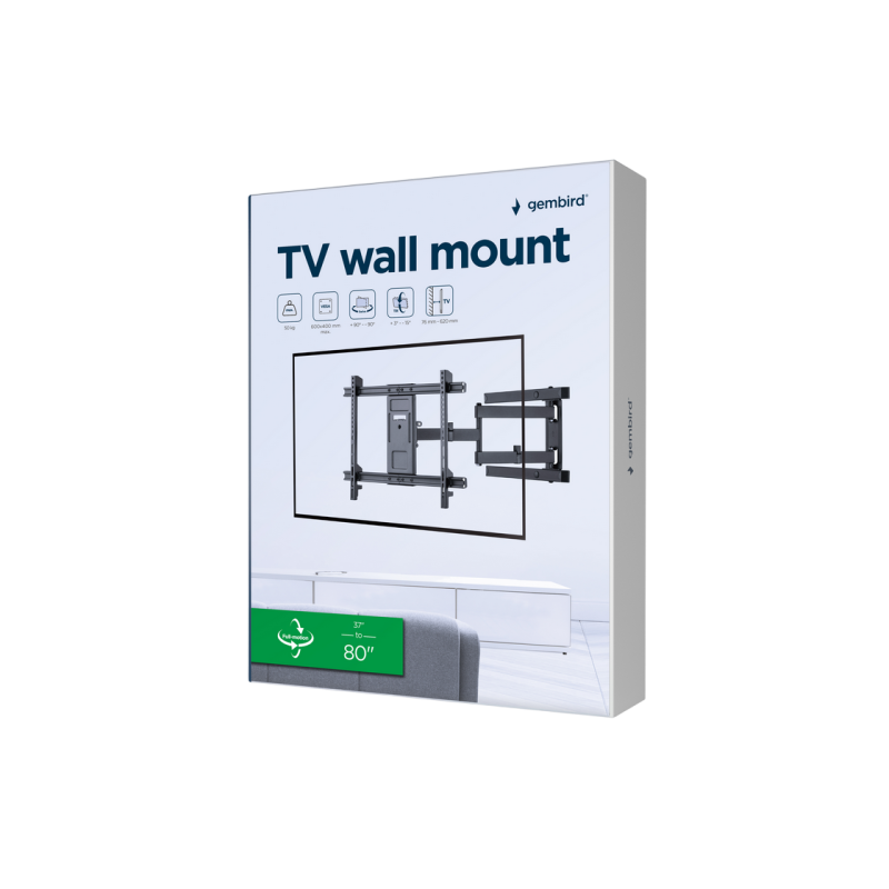 Настенное крепление Gembird "WM-80ST-05" черное, 37"-80", 50 кг, VESA: до 600x400, расстояние от стены: 76~620 мм, ±50