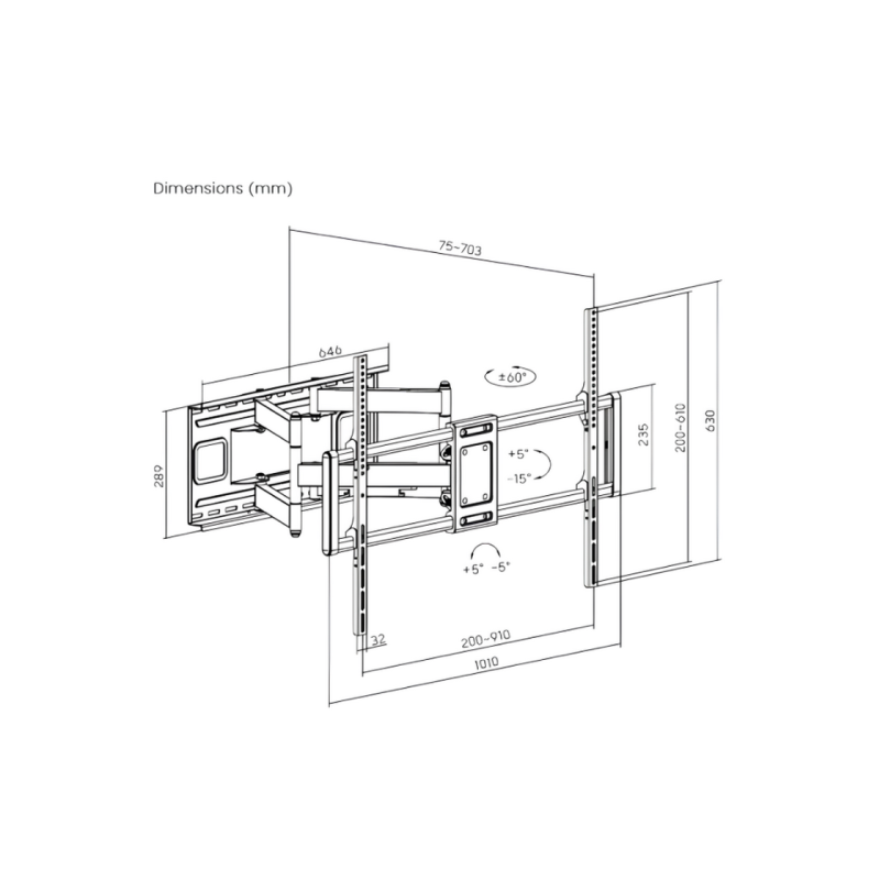 Настенный кронштейн Gembird "WM-120ST-01" черный, 60"-120", 120 кг, VESA: до 900x600, расстояние от стены: 75 ~ 703