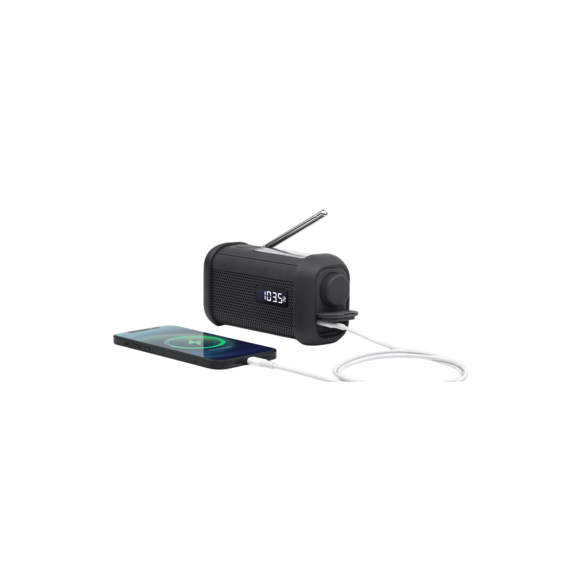 MUSE MH-08 MB, тюнер FM, часы, динамо-машина, солнечная батарея, IP64, фонарик, черный