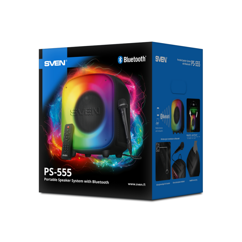 Колонка SVEN PS-555, черная (65 Вт, TWS, Bluetooth, USB, microSD, ПДУ, 4000 мА·ч)