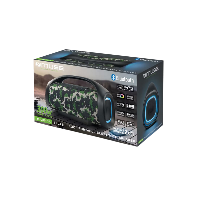 Portable Speaker MUSE M-980 CA, USB, TWS, IPX6, AUX, Camouflage, 6000mAh / 7.4V, 10H playtime, USB-C