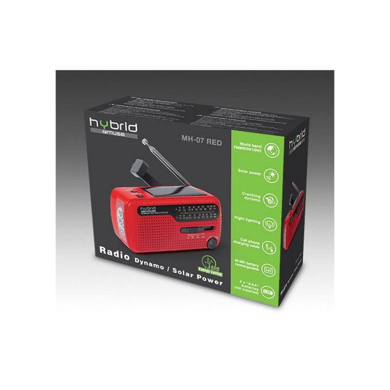 MUSE MH-07 RED, FM-тюнер, часы, динамо-машина, питание от солнечной батареи, КРАСНЫЙ