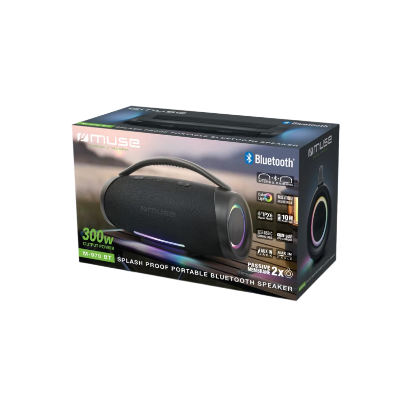 Портативная колонка MUSE M-970 BT, USB, TWS, IPX6, AUX, камуфляж, 300 Вт, 6000 мАч / 7,4 В, 10 ч воспроизведения, USB-C