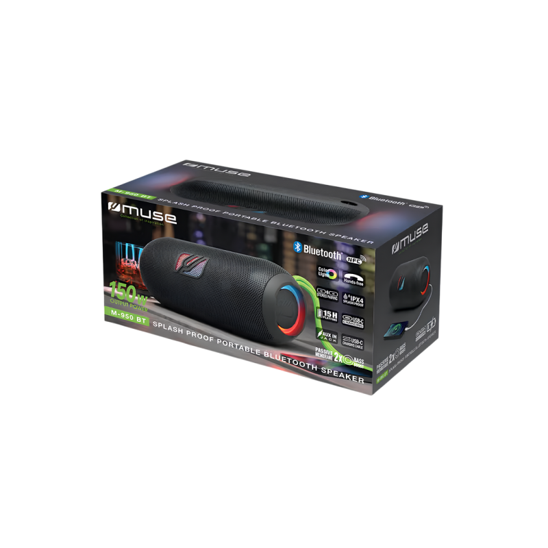 Портативная колонка MUSE M-950 BT, USB, TWS, IPX4, AUX, черная, 5000 мАч / 7,4 В, 15 ч воспроизведения, USB