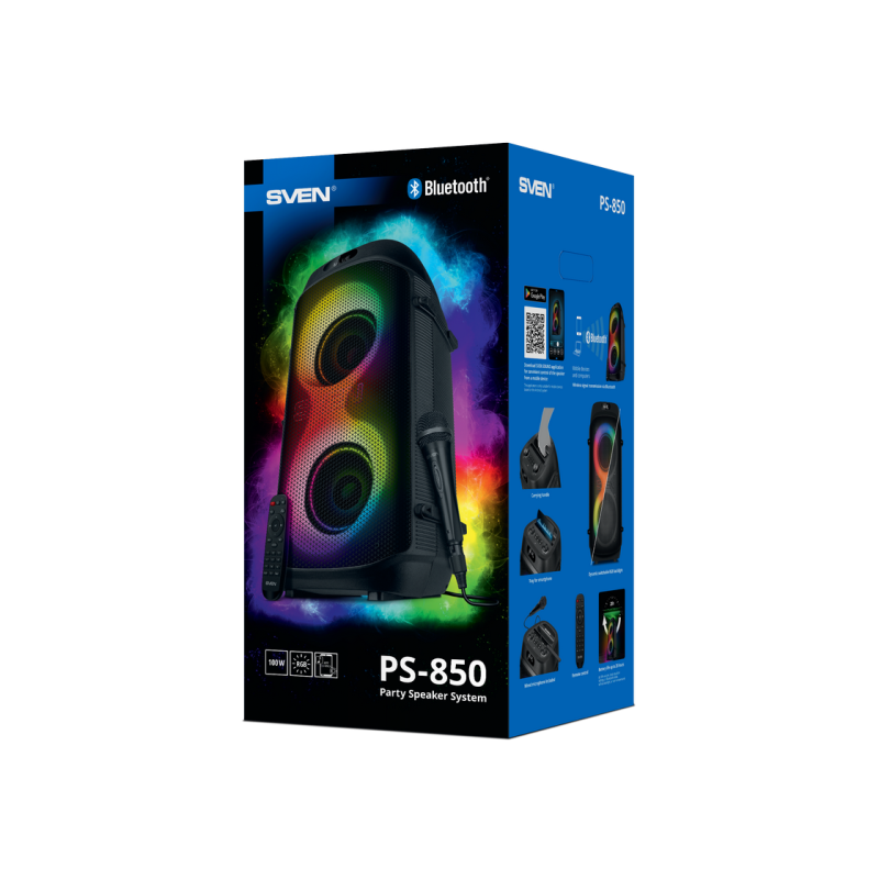 Partybox SVEN "PS-850" 100 Вт, TWS, Bluetooth, FM, USB, microSD, LED-дисплей, 8000 мА·ч