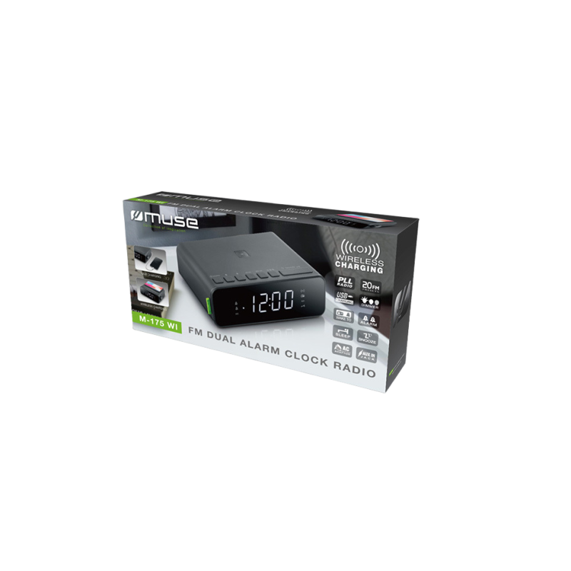 MUSE M-175 WI, Tuner FM, Clocks, Wireless charging 5W, USB charging Port, Black