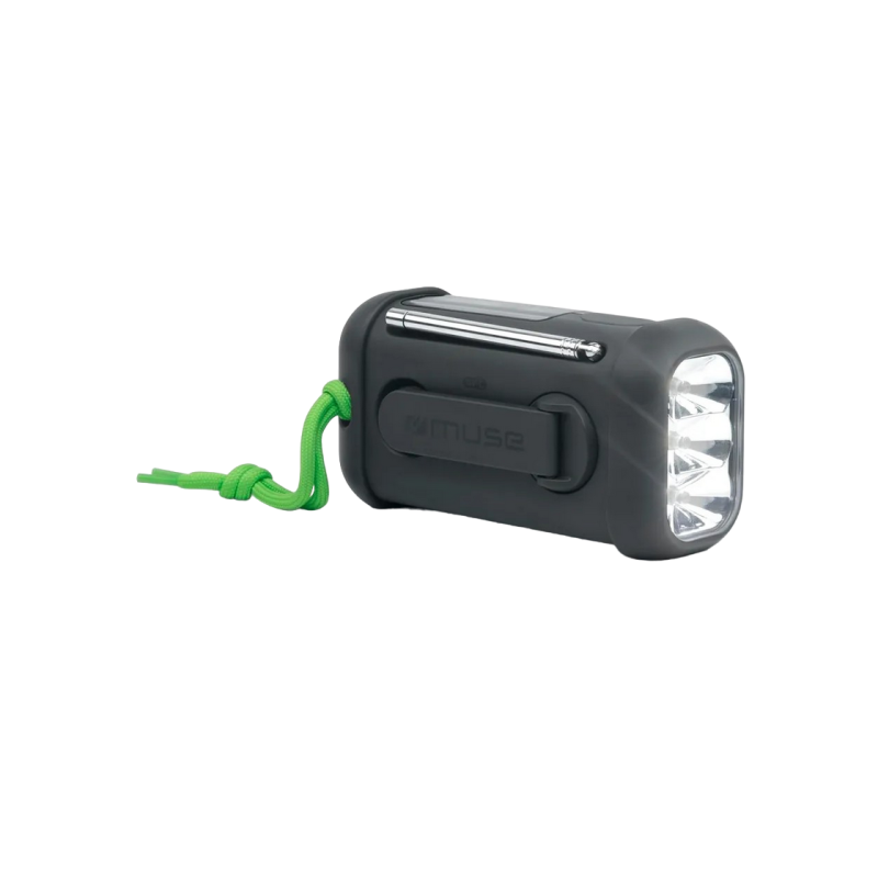 MUSE MH-08 MB, тюнер FM, часы, динамо-машина, солнечная батарея, IP64, фонарик, черный