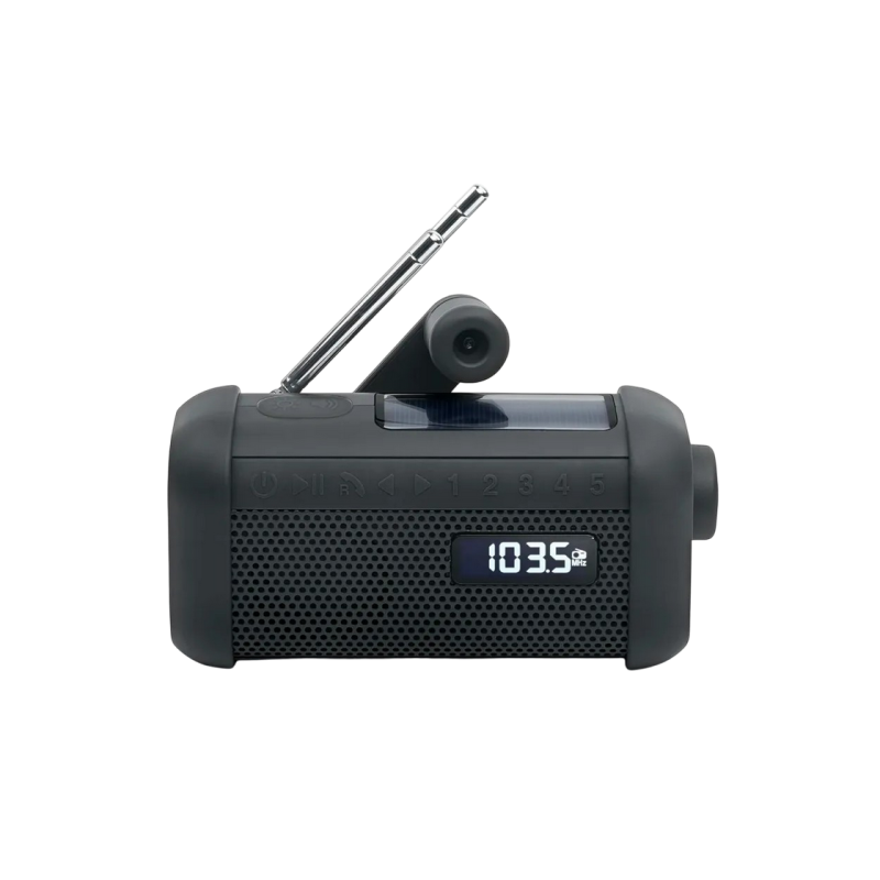 MUSE MH-08 MB, тюнер FM, часы, динамо-машина, солнечная батарея, IP64, фонарик, черный