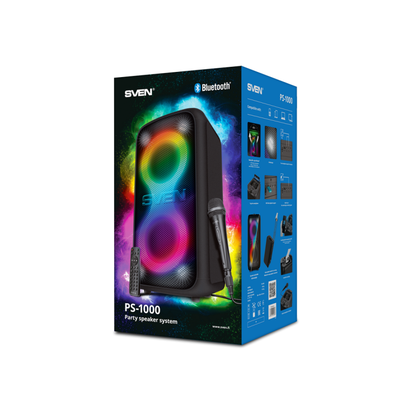 Partybox SVEN "PS-1000" 180 Вт, TWS, Bluetooth, FM, USB, LED-дисплей, 8000 мА·ч, чёрный
