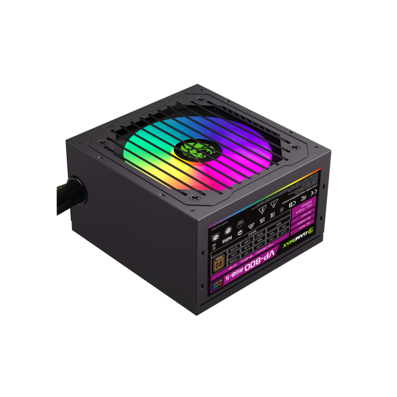 Power Supply ATX 800W GAMEMAX VP-800-RGB-S, 80+ Bronze, 120mm ARGB, Active PFC, Temperature control fan, Black