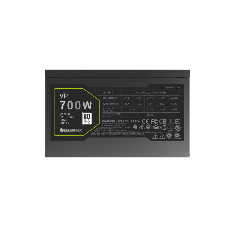 Power Supply ATX 700W GAMEMAX VP-700S, 80+ Bronze, 120mm, Active PFC, Flat cable design, Black