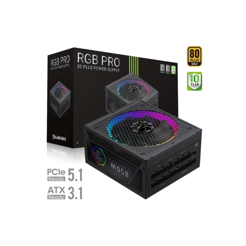 Power Supply ATX 850W GAMEMAX RGB-850G PRO, 80+ Gold, 140mm ARGB, Active PFC, ATX 3.1, PCIe5.1, Full Modular, Black