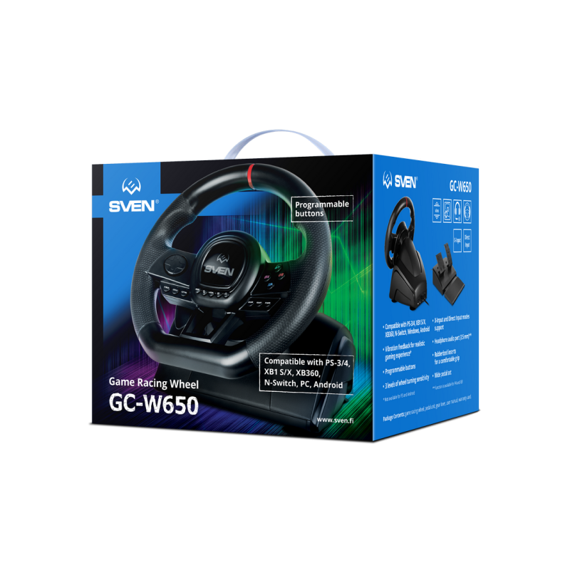 Руль SVEN GC-W650, 10", 180 градусов, педали, Tiptronic, 2-осевой, 12 кнопок, двойная вибрация, USB