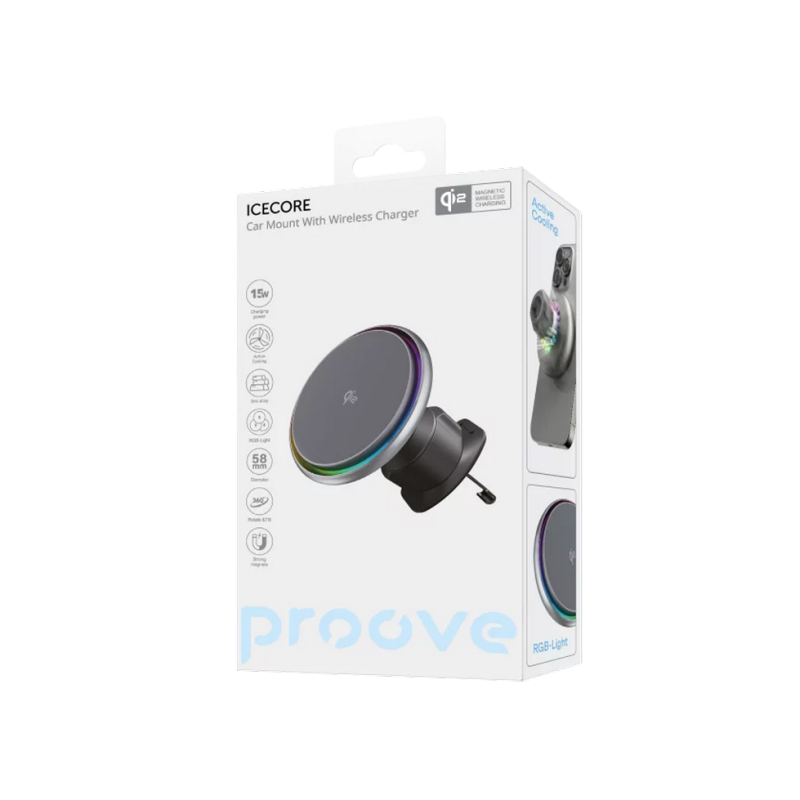 Car Mount With Wireless Charger Proove Icecore Qi2 15W, Gray