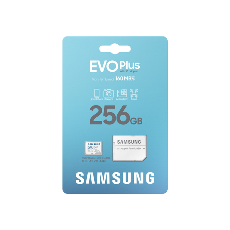 256GB MicroSD (Class 10) UHS-I (U3) +SD adapter, Samsung EVO Plus 2024 "MB-MC256SA" (R:160MB/s