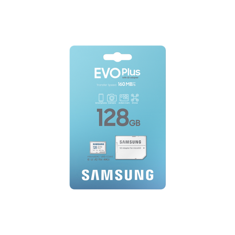 .128 ГБ MicroSD (класс 10) UHS-I (U3)+SD адаптер, Samsung EVO Plus 2024 "MB-MC128SA" (R:160 МБ/с