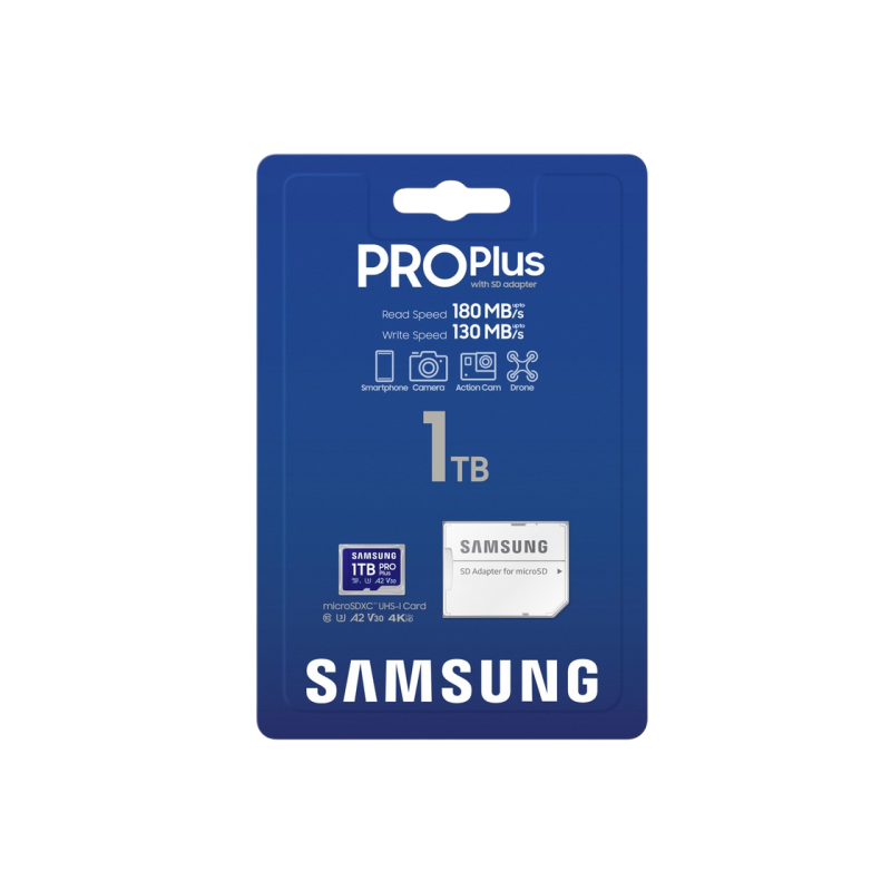 Карта памяти MicroSD 1,0 ТБ (класс 10) UHS-I (U3) + адаптер SD, Samsung PRO Plus "MB-MD1T0SA" (чтение/запись: 180/130 МБ/с)