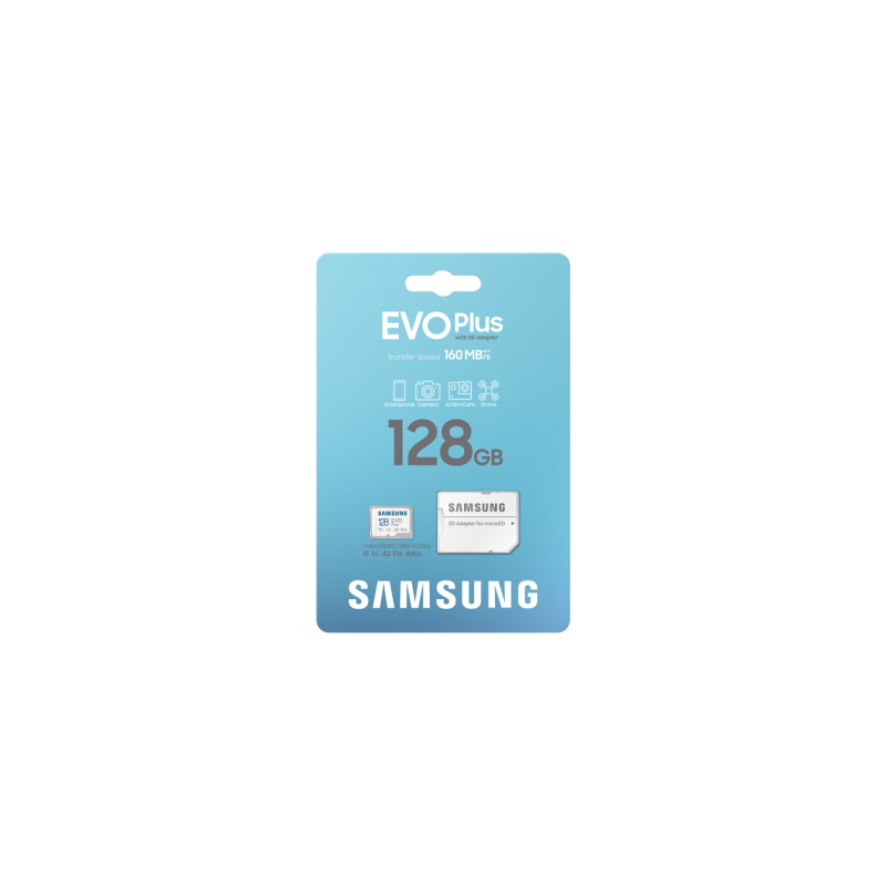 .128 ГБ MicroSD (класс 10) UHS-I (U3)+SD адаптер, Samsung EVO Plus 2024 "MB-MC128SA" (R:160 МБ/с
