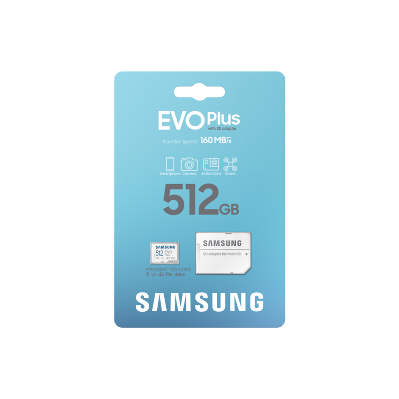 .512 ГБ MicroSD (класс 10) UHS-I (U3) +SD адаптер, Samsung EVO Plus 2024 "MB-MC512SA" (R:160 МБ/с