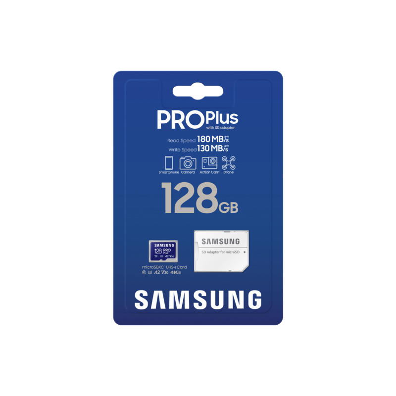 .128 ГБ MicroSD (класс 10) UHS-I (U3)+SD адаптер, Samsung PRO Plus "MB-MD128SA" (чтение/запись: 180/130 МБ/с