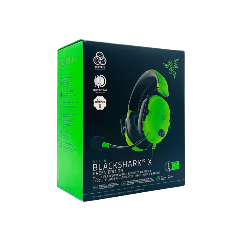 Игровая гарнитура Razer BlackShark V2 X, динамики 50 мм, 12–28 кГц, 32 Ом, 100 дБ, 240 г, управление на чашках наушников, шумоподавление