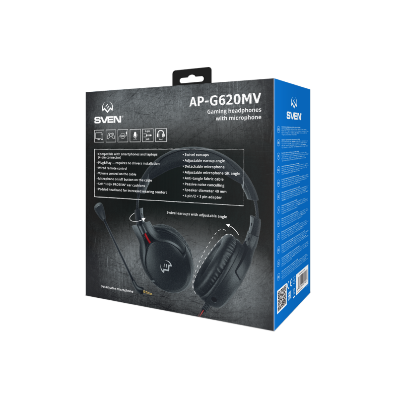 Gaming Headset SVEN AP-G620MV, 40mm drivers, 20-20000Hz, 20 Ohm, 98dB, 320g., 3.5mm(4pin)/2*3.5mm(3pin), Black